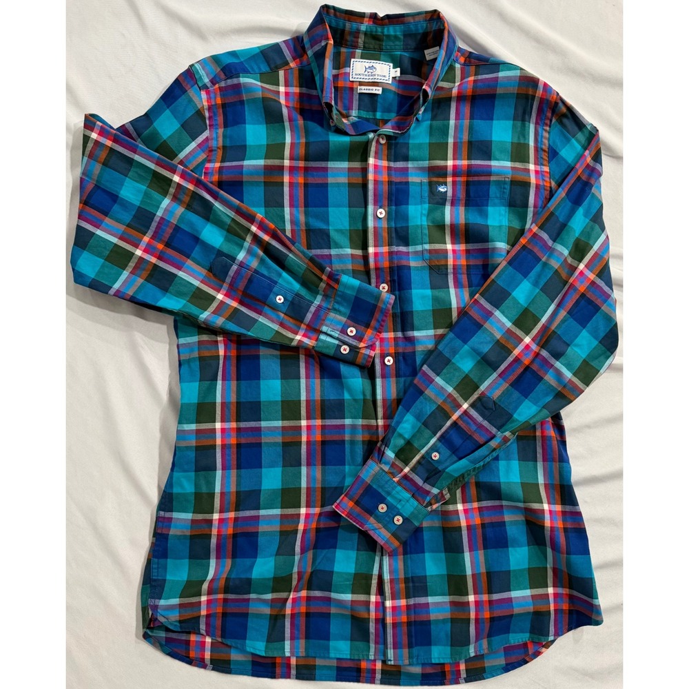 Southern Tide Mens Classic Fit Plaid Button Down Shirt Blue Teal Multi Medium